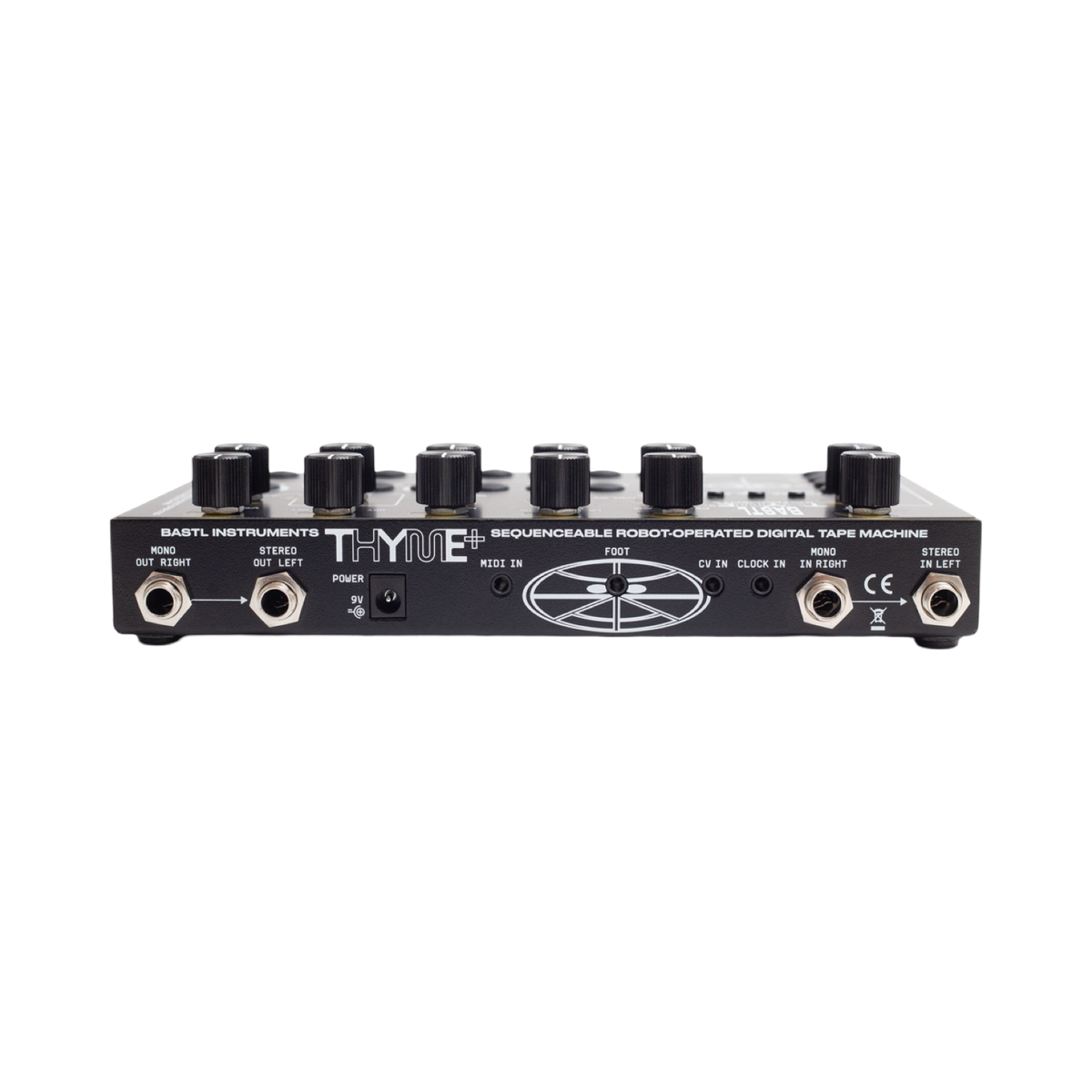 Panneau arrière du Bastl Thyme+ avec connexions audio, MIDI, CV et horloge