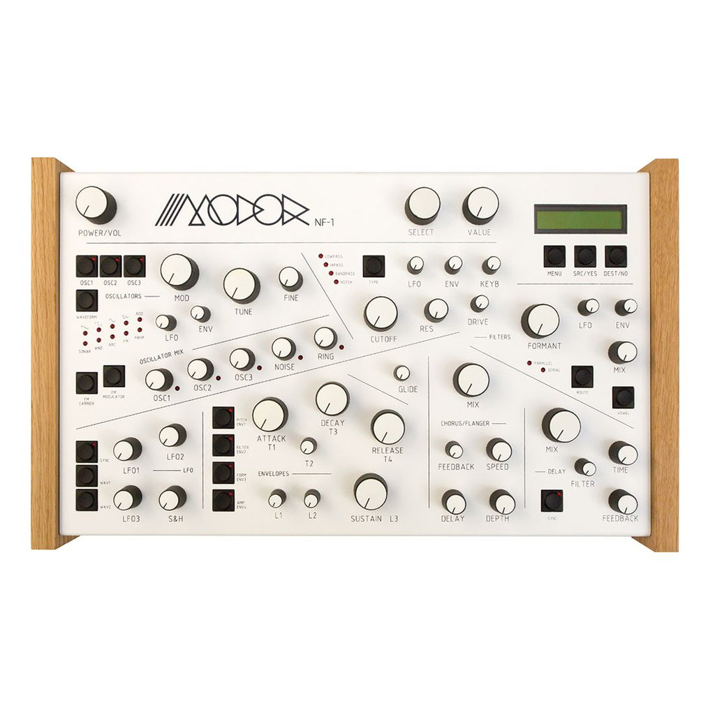 Modor NF-1 digitale synthesizer met wit frontpaneel en afgeschuinde knoppen